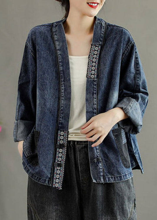Black Embroideried Pockets Button Patchwork Fall Denim Coat