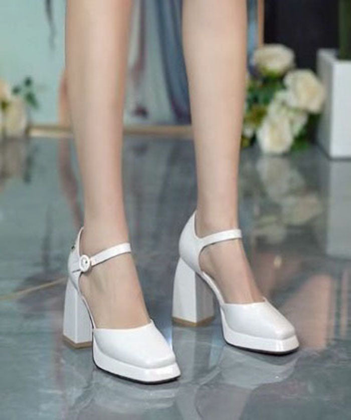 Black High Heels Chunky Cowhide Leather Buckle Strap Platform Heels