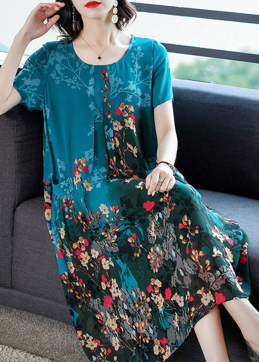 Blue O-neck Pockets Print Chiffon a Line Dress Short Sleeve