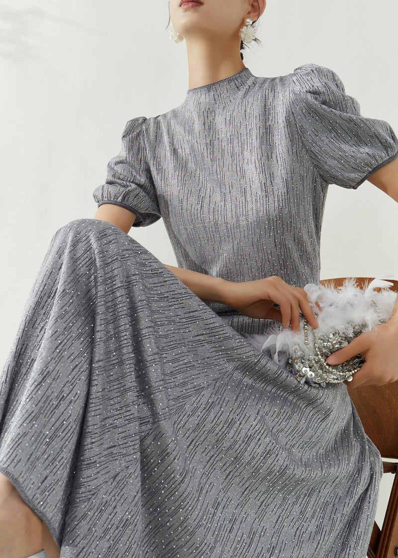 Grey Turtleneck Top and Maxi Skirts Two Pieces Set Puff Sleeve