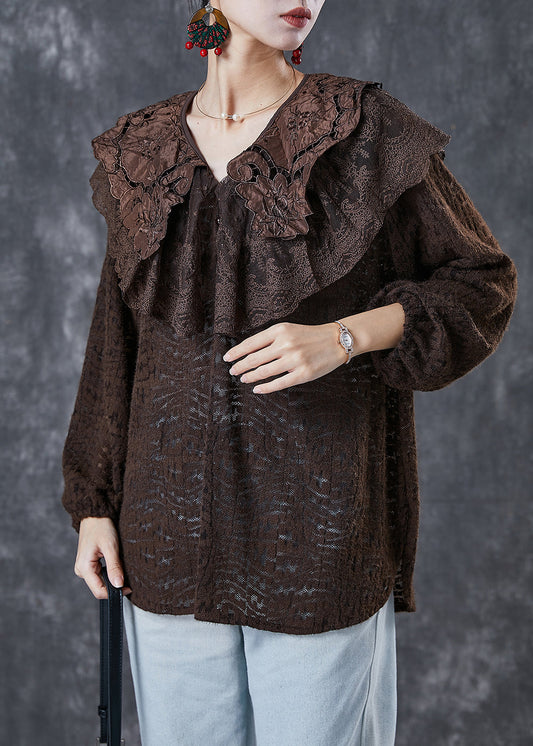 Chocolate Peter Pan Collar Hollow Out Lace Shirts Spring
