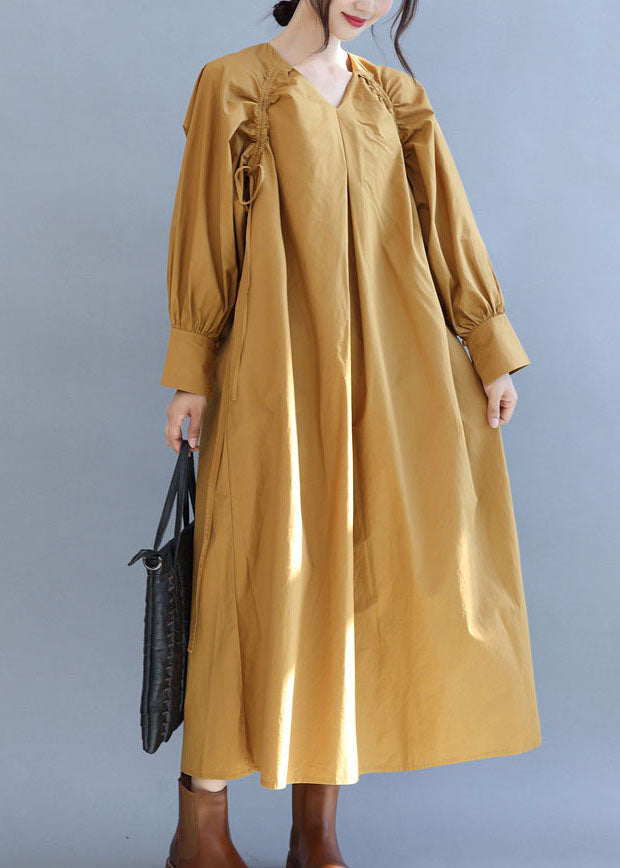 Yellow V Neck Cinched Cotton Long Dress Fall