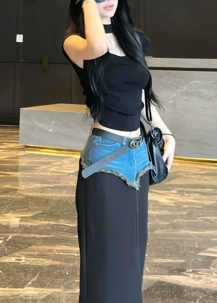 American Style Denim Patchwork Tops and Skirts Two Piece Set Summer