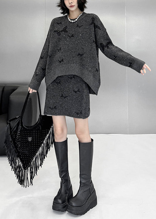 Loose Dark Gray Butterfly Sequins Sweaters and Skirts Knit Two Pieces Set