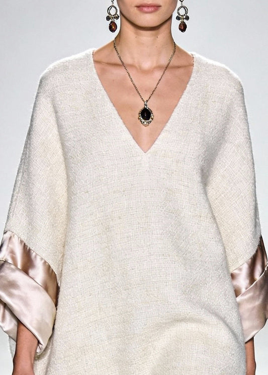 Linen Cozy Silk Patchwork Mini Dress V Neck