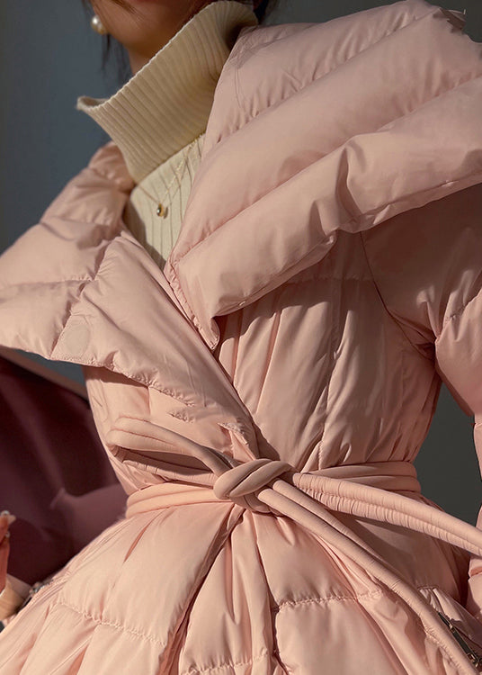 Pink Oversized Tie Waist Duck Down Down Coats Winter