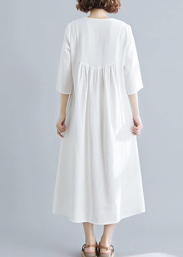 Unique V Neck Tassel Spring White Loose Linen Dress