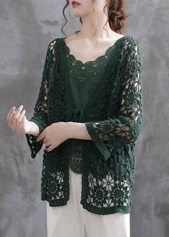Blackish Green Hollow Out Patchwork Knitting Cotton Cardigan Fall