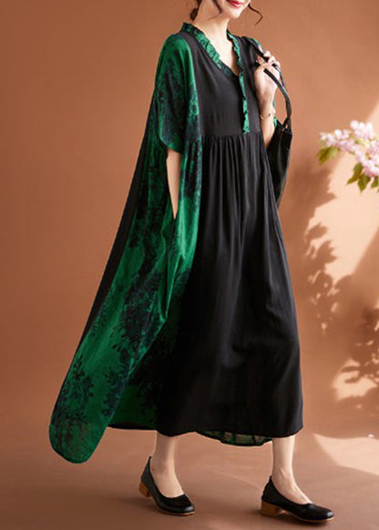 Green V Neck Print Patchwork Maxi Dresses Summer