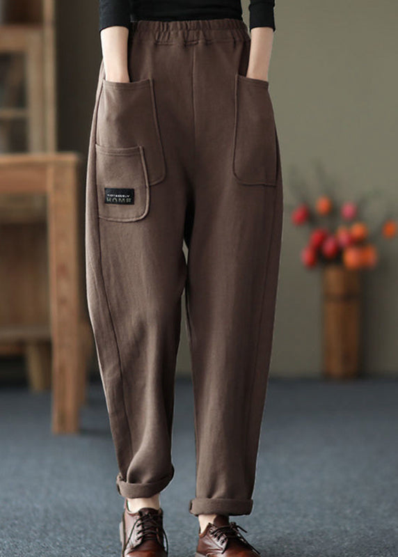 Chocolate Colour Pockets Elastic Waist Cotton Pants Fall