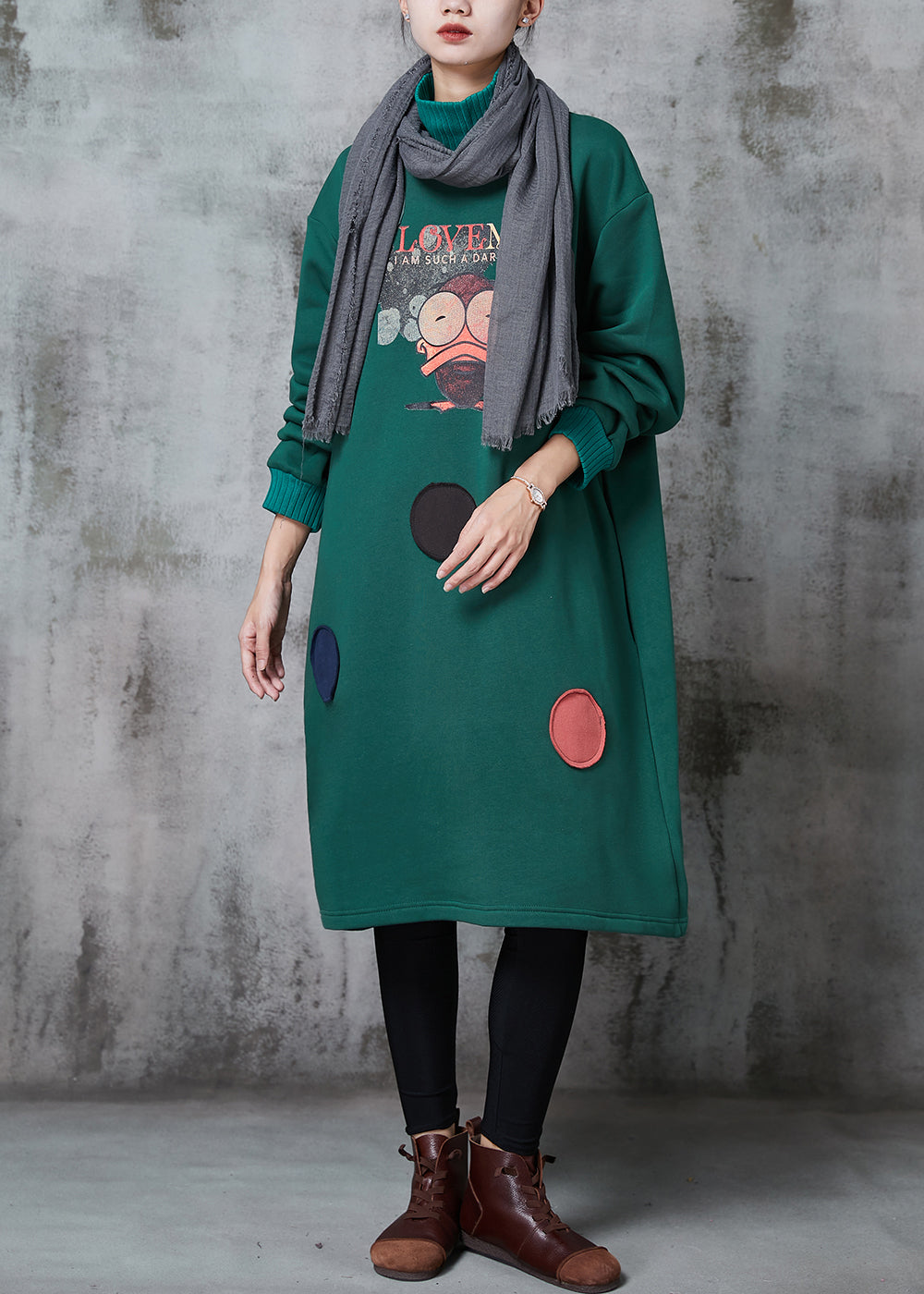 Green High Neck Print Cotton Sweatshirts Dress Spring