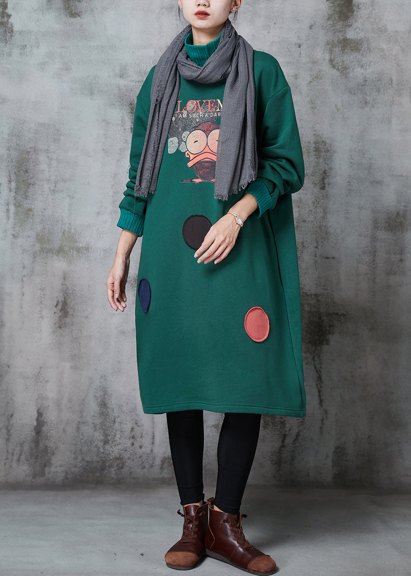 Green High Neck Print Cotton Sweatshirts Dress Spring