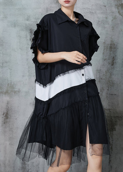 Black Oversized Patchwork Cotton Dress Petal Sleeve