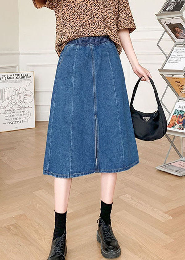 Boutique Denim Blue Elastic Waist Side Open Cotton a Line Skirt Summer