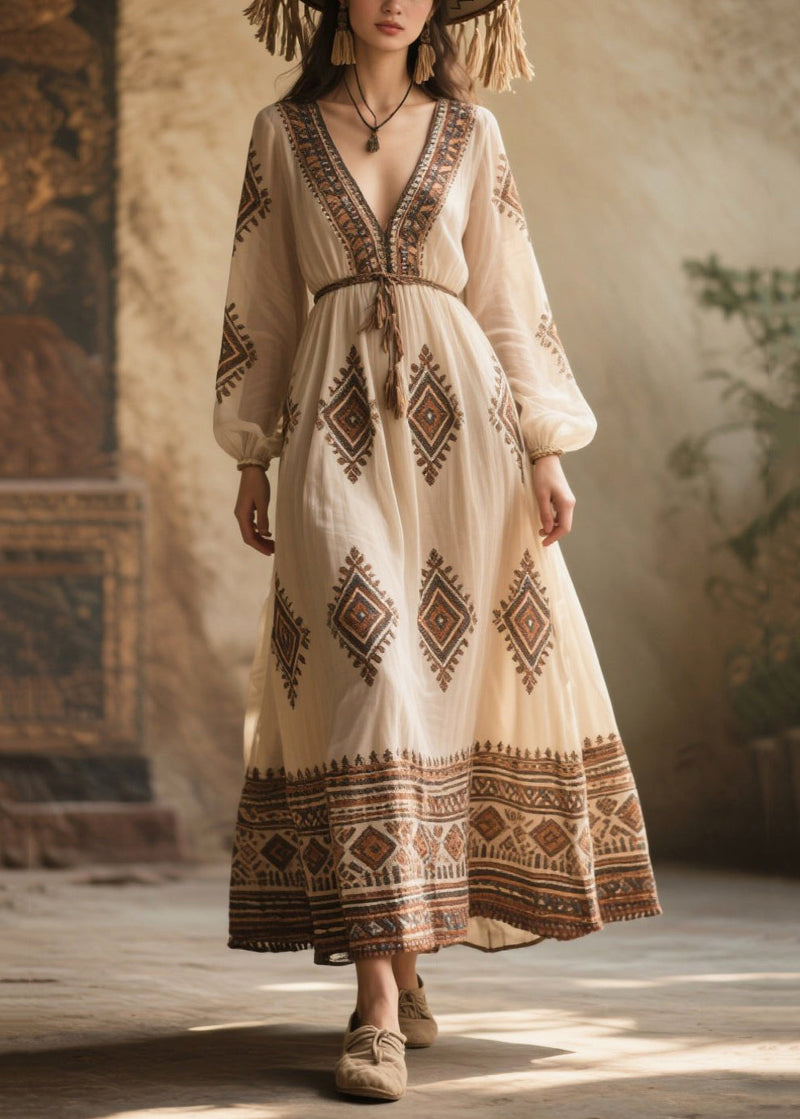White V Neck Print Chiffon Dresses Fall