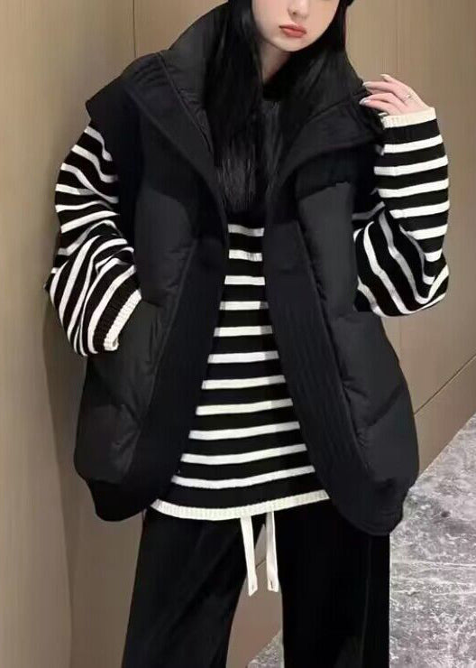 Black Stand Collar Pockets Duck Down Down Vest Winter