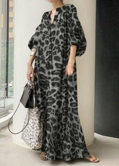 Khaki V Neck Leopard Print Chiffon Maxi Dress Puff Sleeve