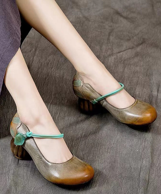 Retro Comfortable and Versatile Cowhide Chunky Heel