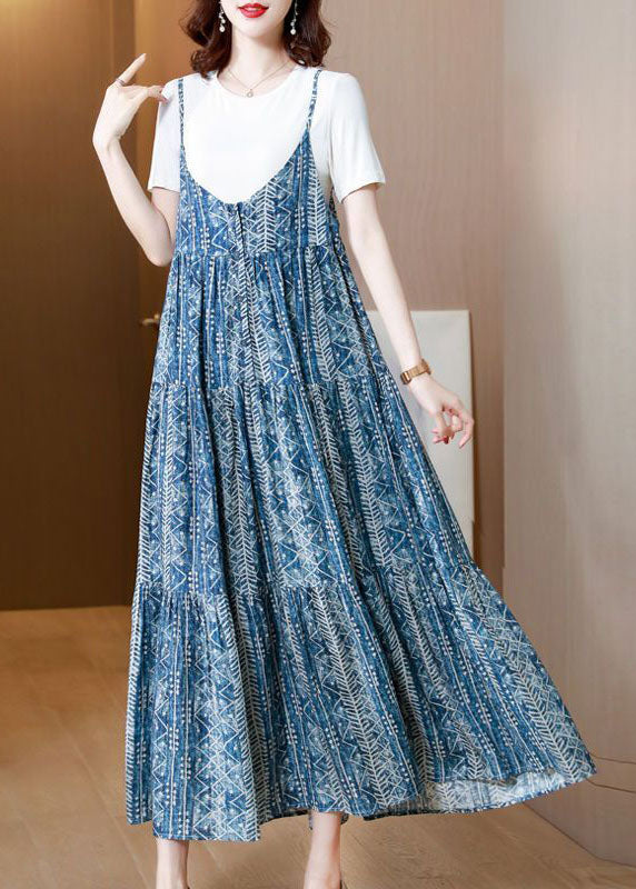 Blue Print Patchwork Exra Large Hem Cotton Spaghetti Strap Dress Two Piece Set Summer