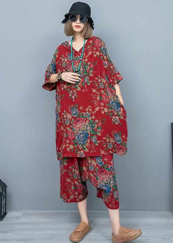 Red Print Hooded T Shirts and Crop Pants Cotton Two Pieces Set Summer