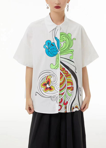 White Peter Pan Collar Print Cotton Blouses Summer