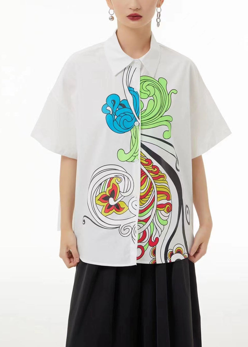 White Peter Pan Collar Print Cotton Blouses Summer