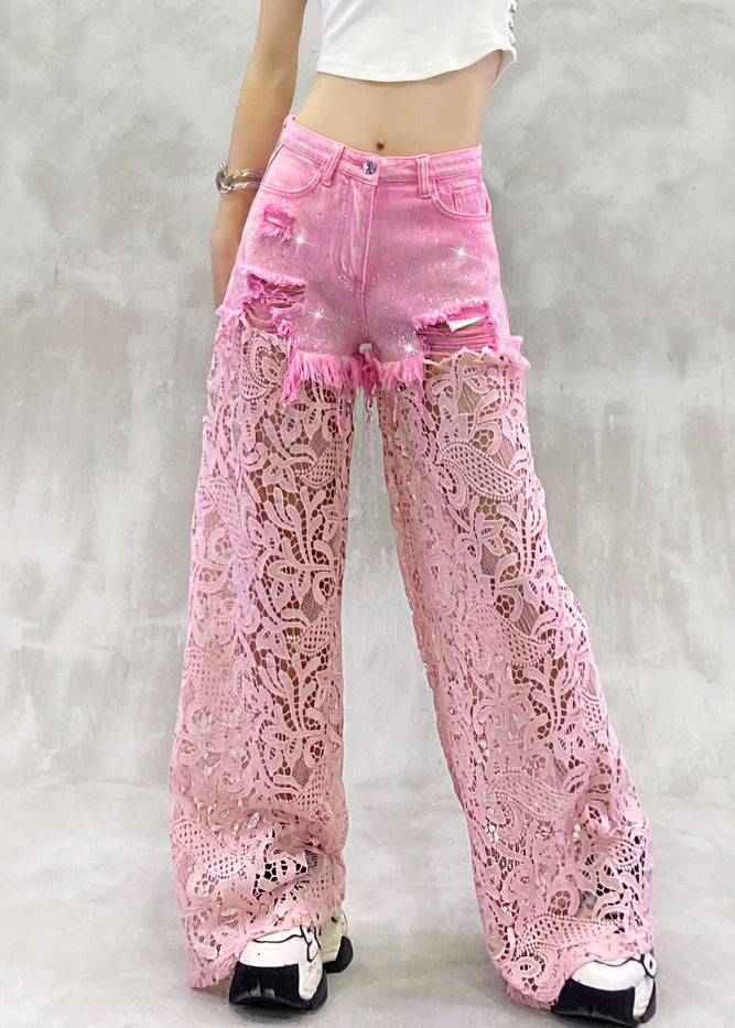 Pink Hollow Out Zircon Lace Patchwork Pants Summer