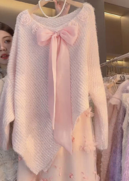 Art Coffee Bow Knit Sweater Batwing Sleeve