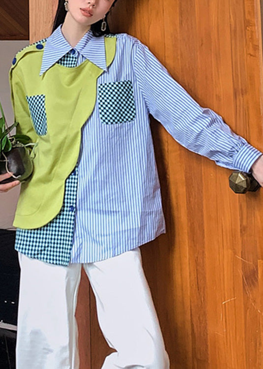 Peter Pan Collar Striped Patchwork Button Shirts Spring
