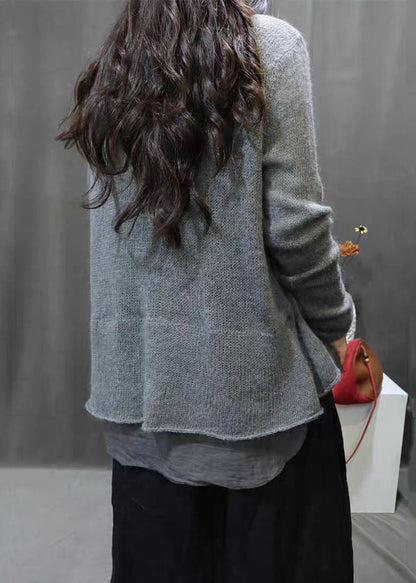 Simple Grey Asymmetrical Patchwork Cotton Knit Tops Long Sleeve Fall