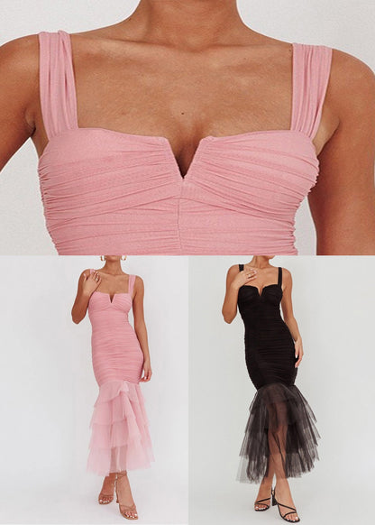 Slim Fit Pink Wrinkled Tulle Patchwork Long Dress Sleeveless Summer
