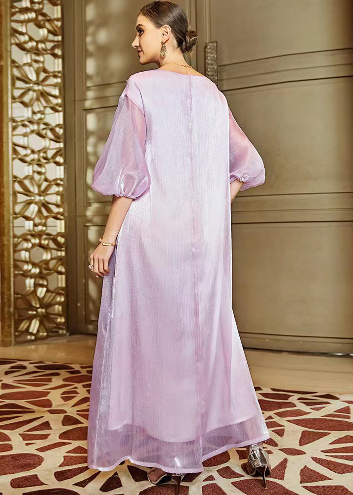 Light Purple O-neck Zircon Tulle Holiday Long Dress Lantern Sleeve