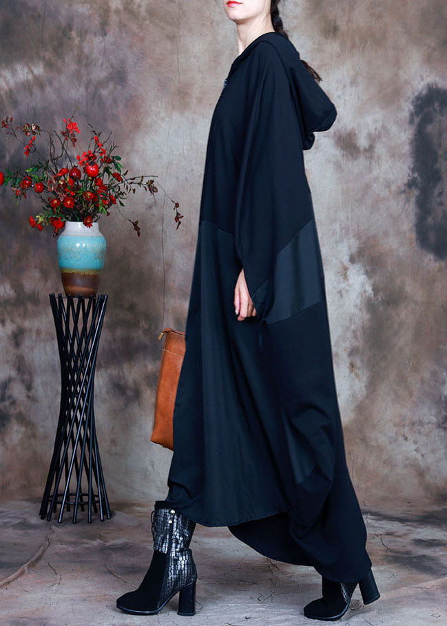 Simple Black Hooded Patchwork Asymmetrical Design Fall Maxi Dresses