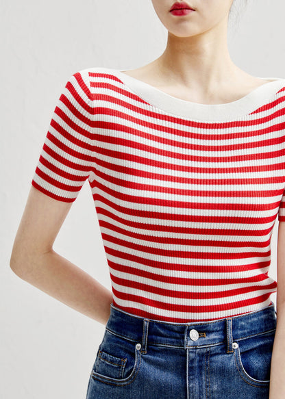 Slim Fit Red Striped O-neck Silk Knit T Shirts Sleeve