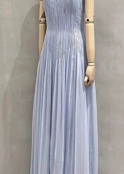 Blue V Neck Wrinkled Cotton Spaghetti Strap Dress Summer