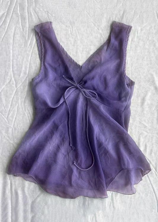 Simple Purple V Neck Lace Up Cotton Tank Sleeveless