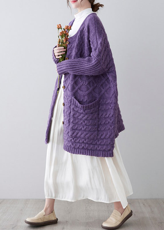 Purple Button Pockets Cotton Knit Cardigan Fall