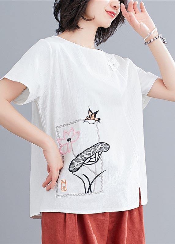 Fitted White Embroideried Lotus Blouse Tops Summer Cotton Linen