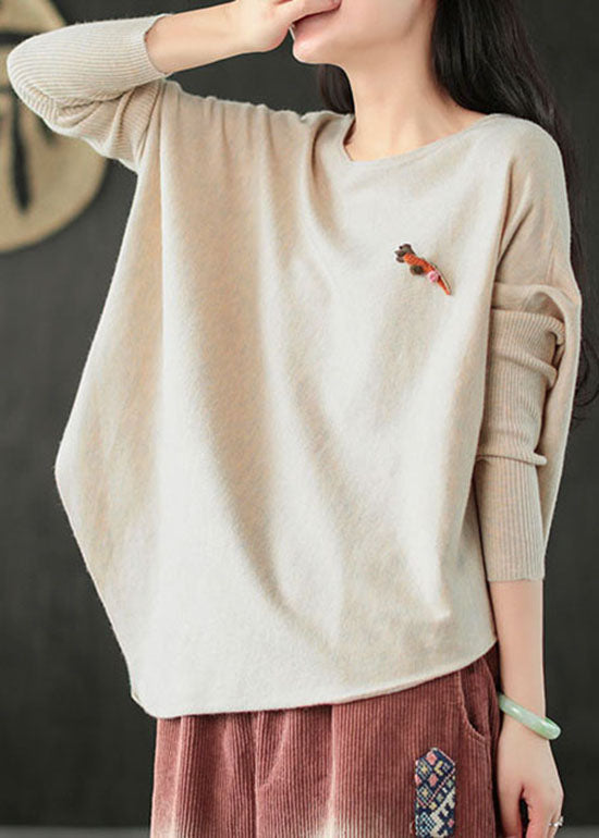 Italian Beige O-neck Asymmetrical Knit Tops Spring