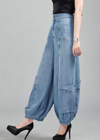 Light Blue High Waist Pockets Cotton Denim Lantern Pants Summer