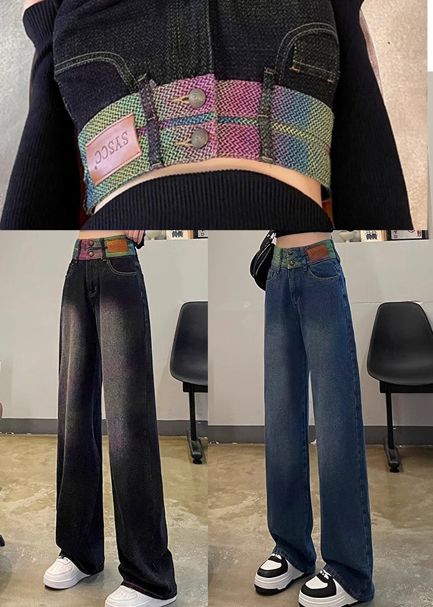 Style Blue High Waist Patchwork Denim Straight Pants Spring