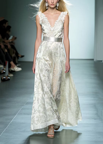 White Cinched Jacquard Silk Dinner Dress Summer
