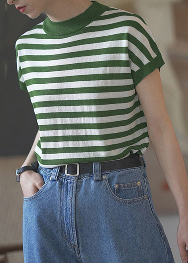 Blue O Neck Striped Cotton T Shirts Top Summer