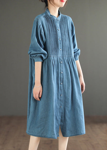 Loose Light Blue Wrinkled Button Denim Shirt Dress Spring