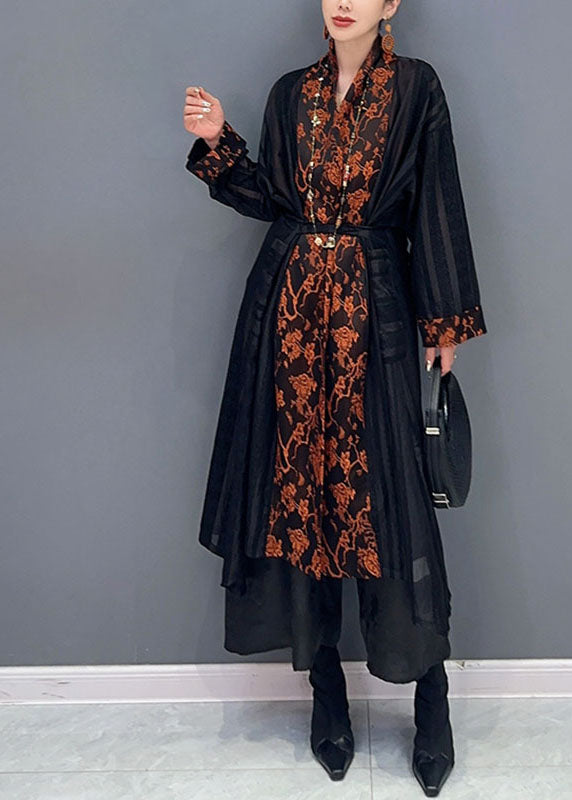 Black Tulle Maxi Cardigans and Print Top Two Pieces Set Fall
