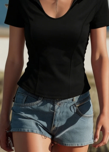 Black Peter Pan Collar Patchwork Cotton Top Summer