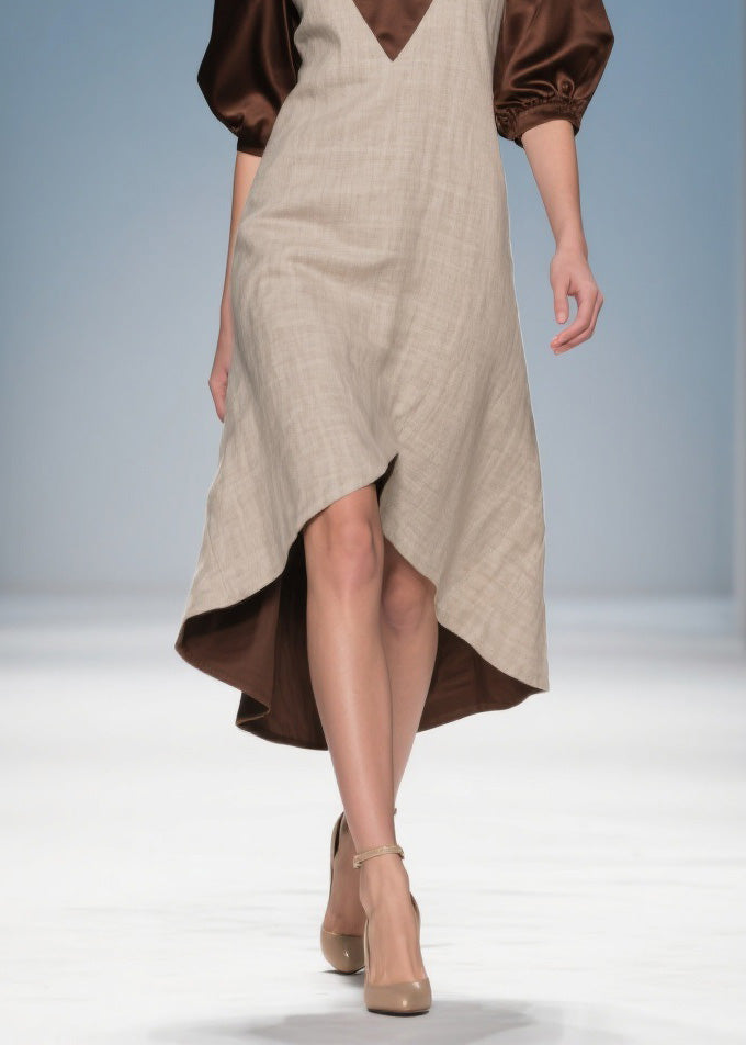Colorblock Low High Design Patchwork Linen Silk Dress Summer