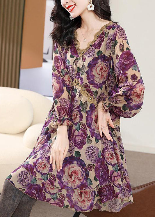Purple V Neck Print Nail Bead Chiffon Mid Dress Spring