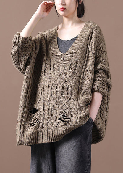 Khaki V Neck Cotton Knit Sweaters Fall