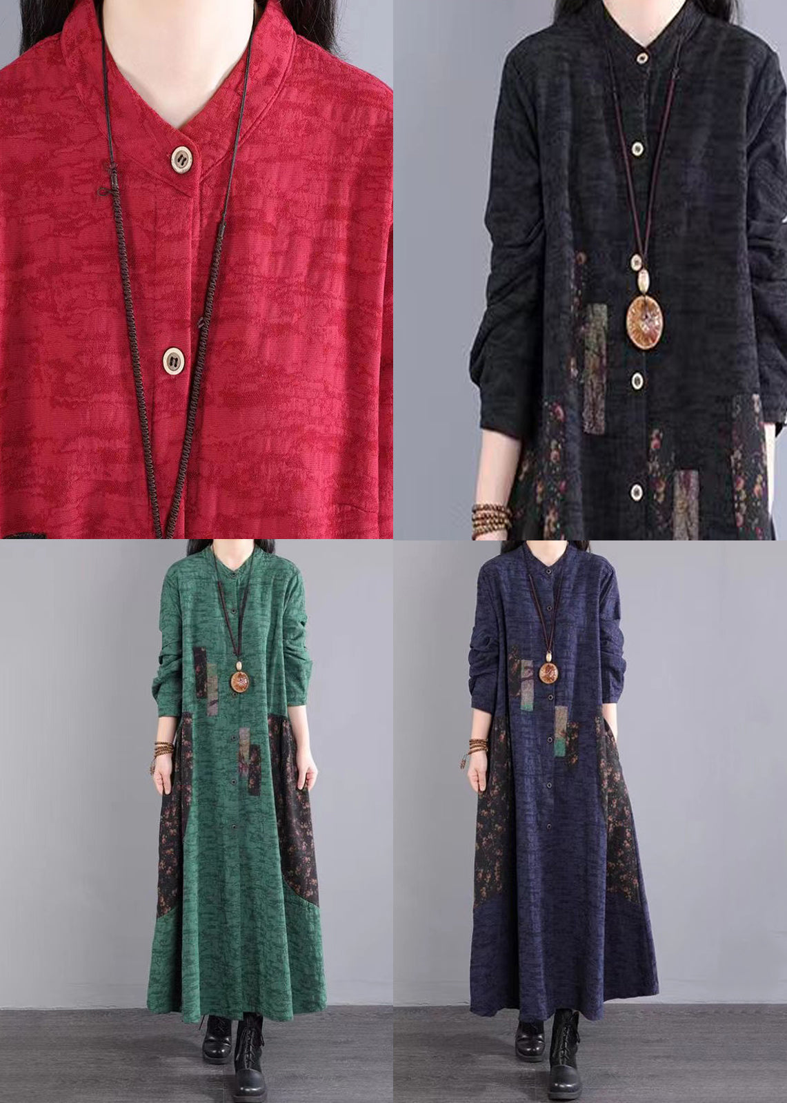 Green Stand Collar Patchwork Cotton Long Dresses Fall